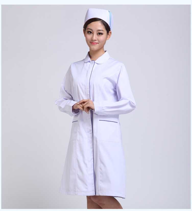 護士服冬裝娃娃領白se加藍邊 長袖醫生服護士服白大褂