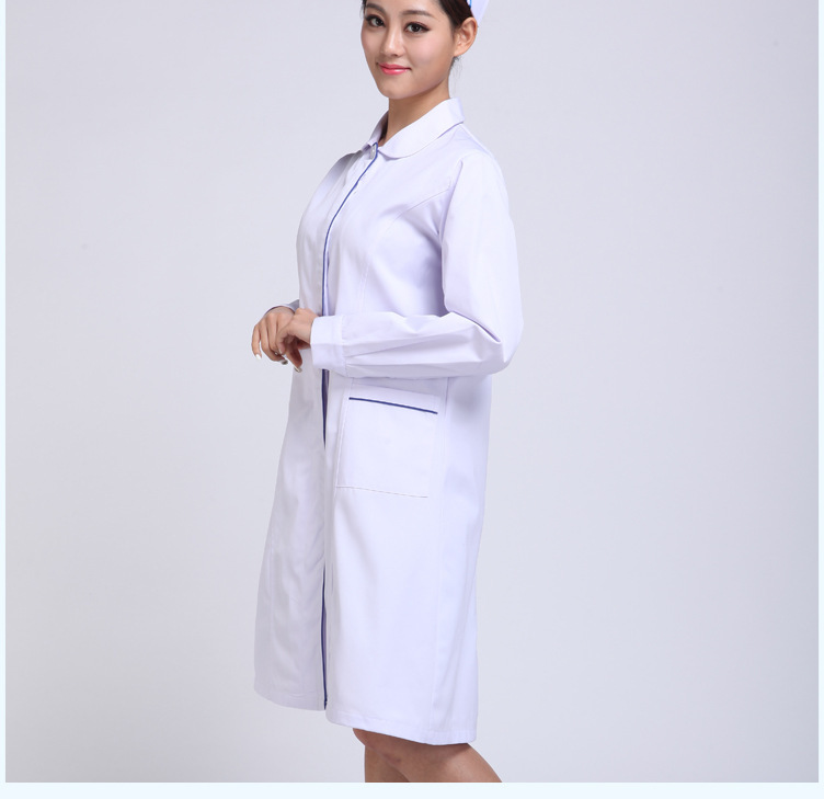 護士服冬裝娃娃領白se加藍邊 長袖醫生服護士服白大褂